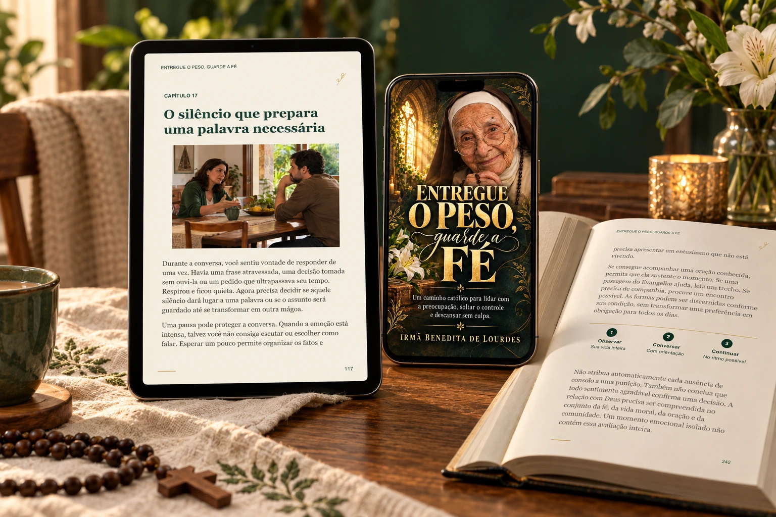 Apresentação 3D do livro em tablet e celular, com capa e páginas internas
